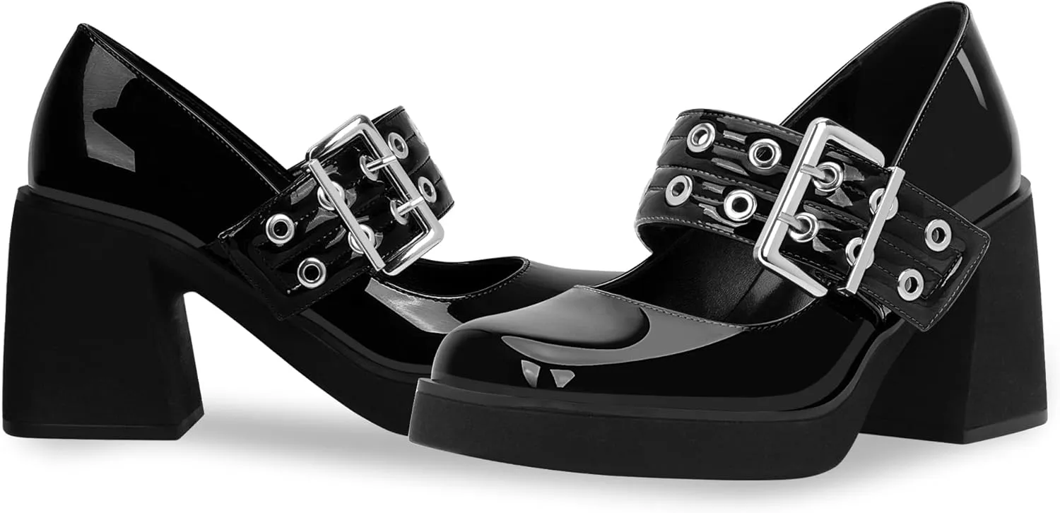 Women's Plafrom Block High Heel Buckle Strap Mary Janes Pumps Punk Closed Toe Shoes