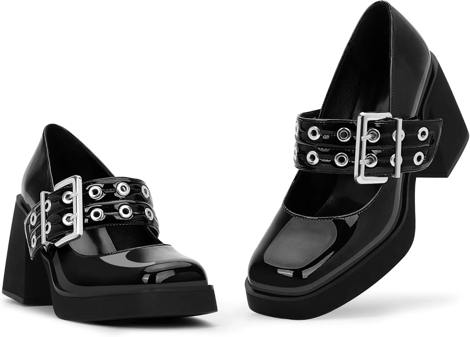 Women's Plafrom Block High Heel Buckle Strap Mary Janes Pumps Punk Closed Toe Shoes