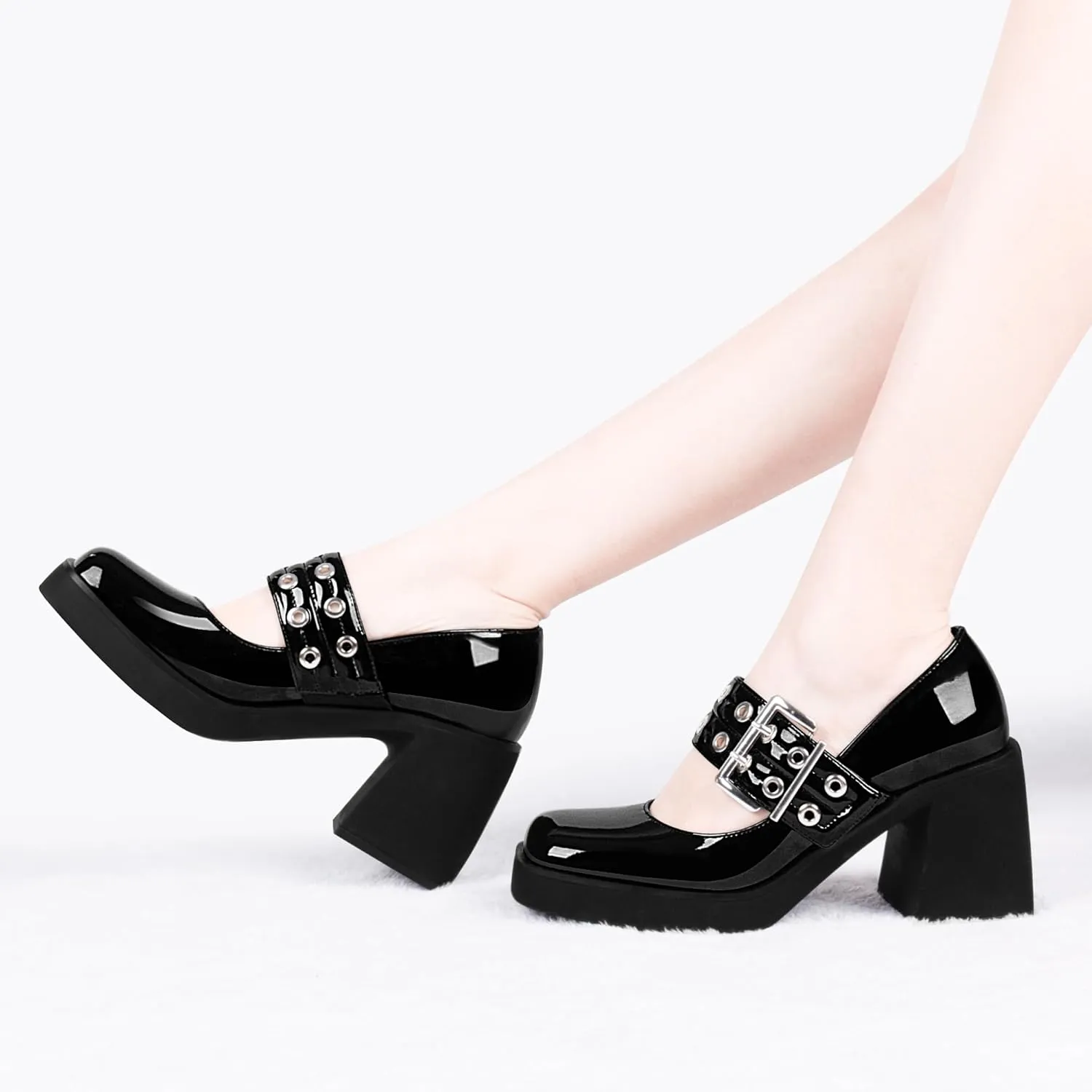 Women's Plafrom Block High Heel Buckle Strap Mary Janes Pumps Punk Closed Toe Shoes