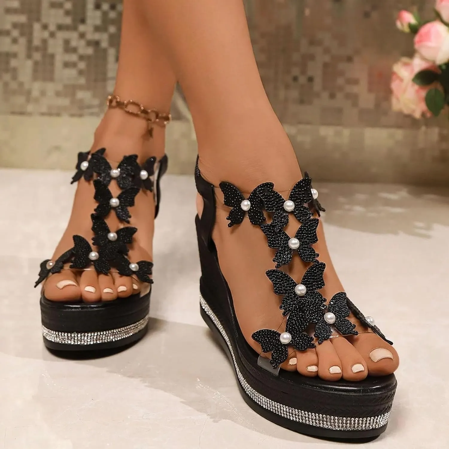 Womens Platform Sandals Comfortable,Open Toe Thick Soled T Strap Thongs Sandals Casual Orthopedic Wedge Sandals for Women with Arch Support Sandals Elastic Ankle Strap Beach Walking Sandals Women