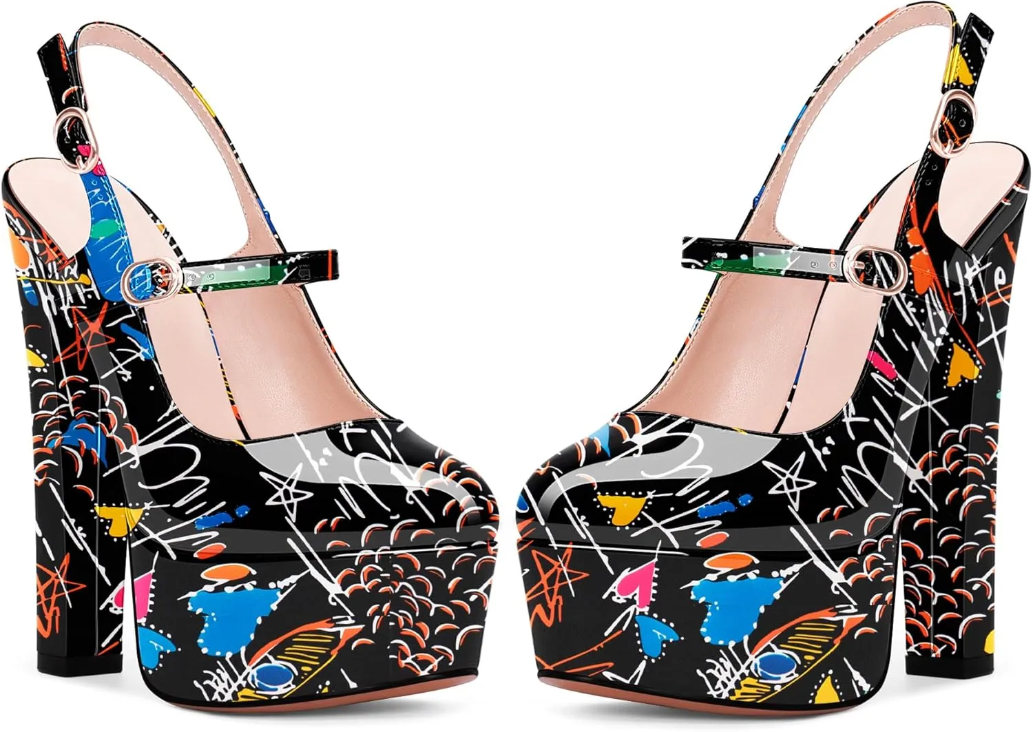 Women's Platform Sexy Chunky High Heel Slingbacks Pumps Round Toe Ankle Strap Party Dress Shoes