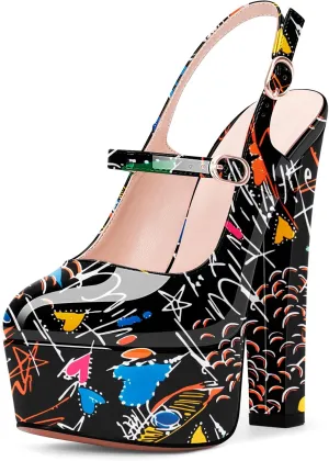 Women's Platform Sexy Chunky High Heel Slingbacks Pumps Round Toe Ankle Strap Party Dress Shoes