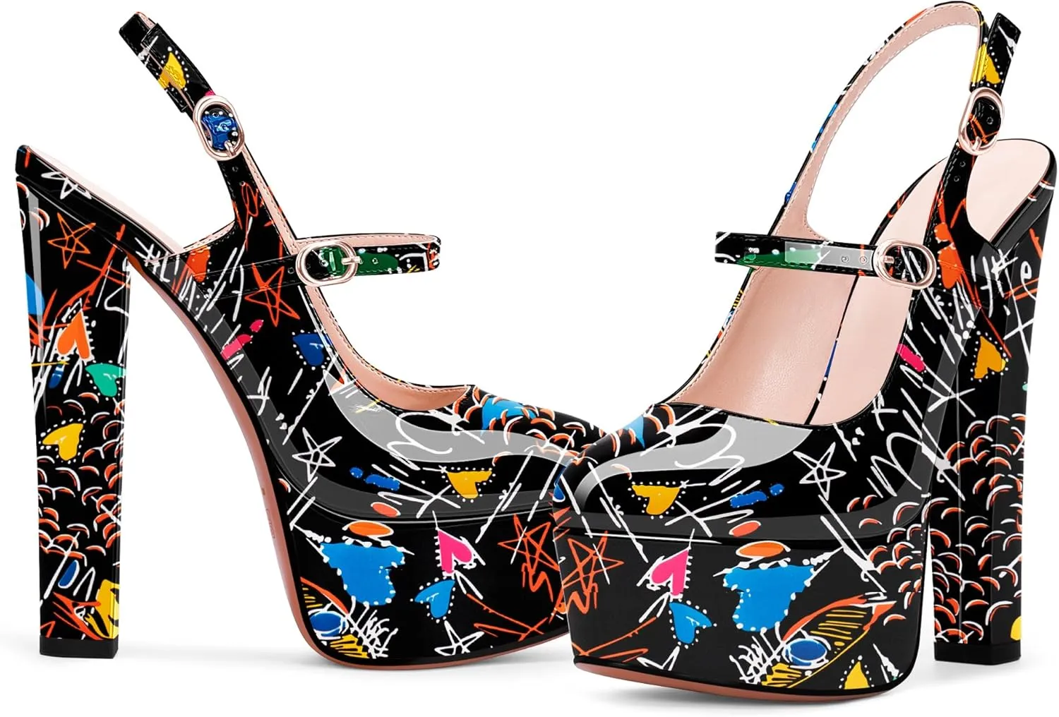 Women's Platform Sexy Chunky High Heel Slingbacks Pumps Round Toe Ankle Strap Party Dress Shoes