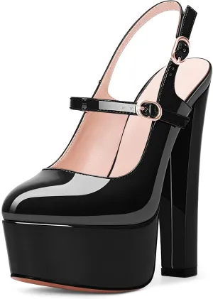 Women's Platform Sexy Chunky High Heel Slingbacks Pumps Round Toe Ankle Strap Party Dress Shoes