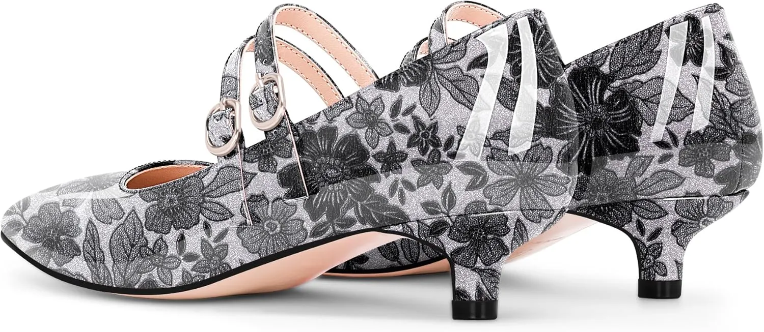 Women's Pointed Toe Kitten Heel Mary Jane Pumps Double Buckle Strap Dress Shoes