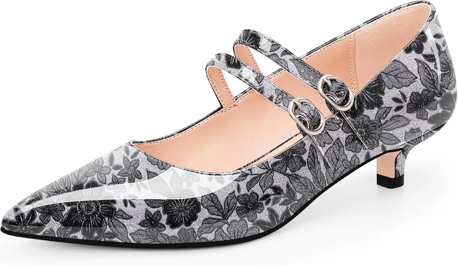 Women's Pointed Toe Kitten Heel Mary Jane Pumps Double Buckle Strap Dress Shoes