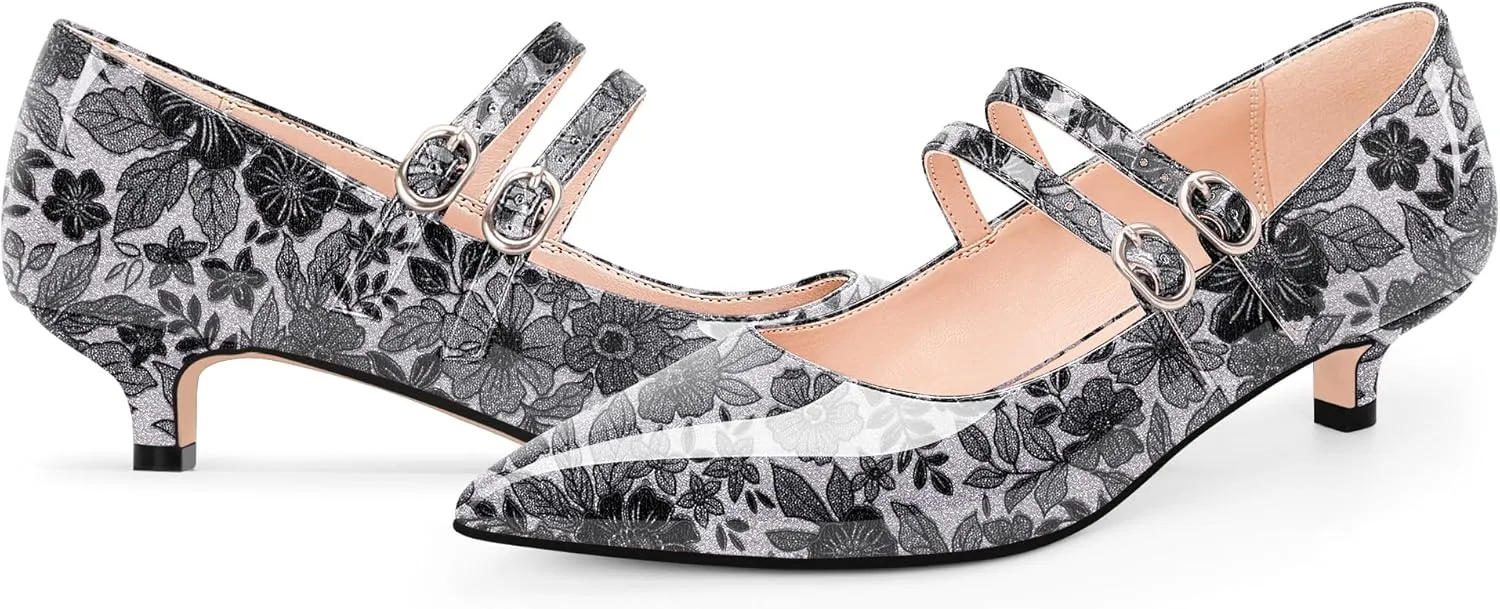 Women's Pointed Toe Kitten Heel Mary Jane Pumps Double Buckle Strap Dress Shoes