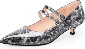 Women's Pointed Toe Kitten Heel Mary Jane Pumps Double Buckle Strap Dress Shoes