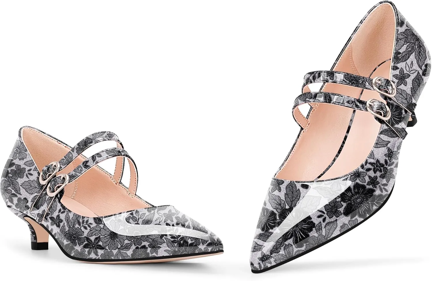 Women's Pointed Toe Kitten Heel Mary Jane Pumps Double Buckle Strap Dress Shoes