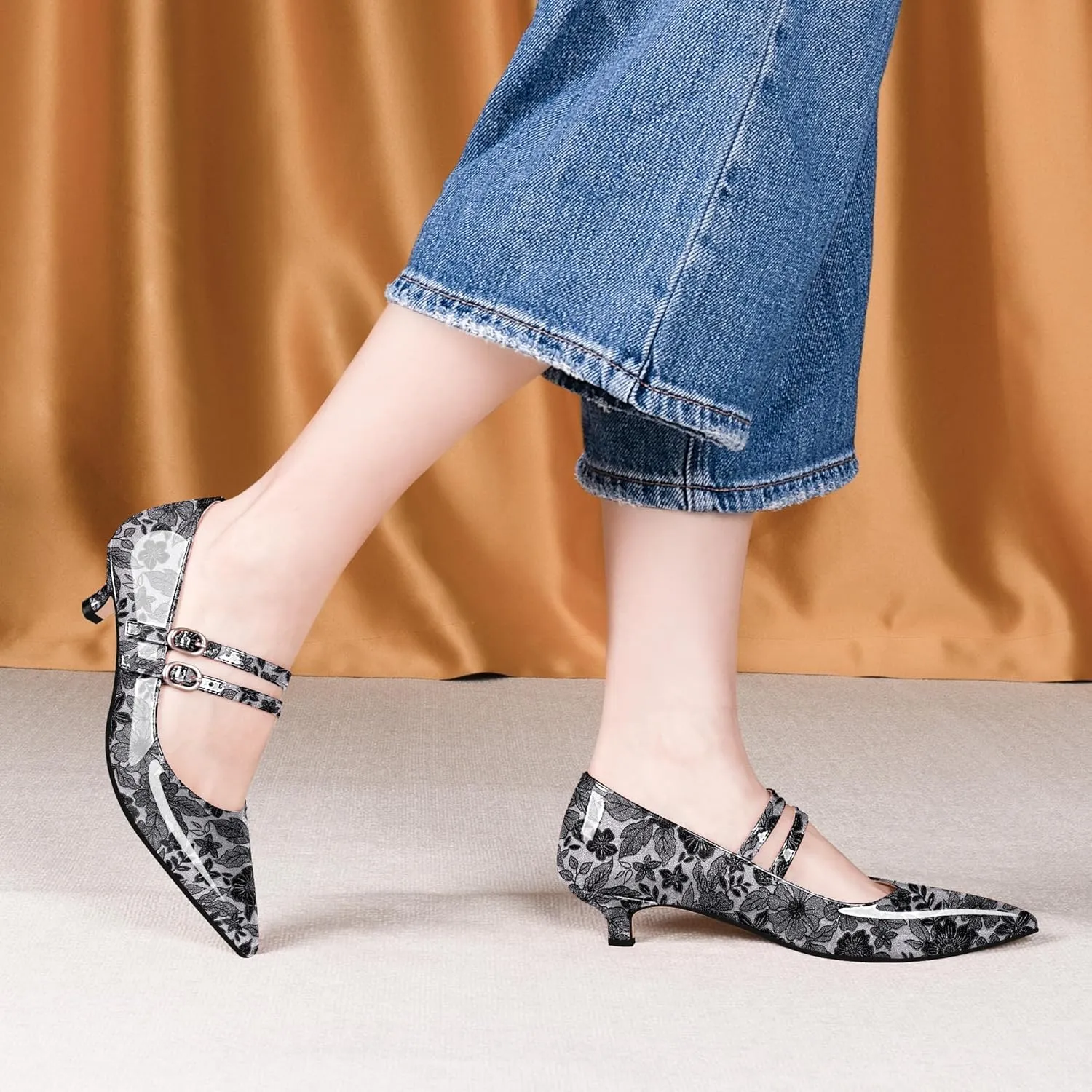 Women's Pointed Toe Kitten Heel Mary Jane Pumps Double Buckle Strap Dress Shoes