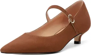 Women's Pumps Low Kitten Heel Mary Janes Closed Suede Pointed Toe Dress Shoes for Women Party Wedding Office 1.4 Inch