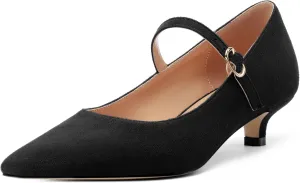 Women's Pumps Low Kitten Heel Mary Janes Closed Suede Pointed Toe Dress Shoes for Women Party Wedding Office 1.4 Inch