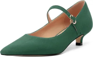 Women's Pumps Low Kitten Heel Mary Janes Closed Suede Pointed Toe Dress Shoes for Women Party Wedding Office 1.4 Inch