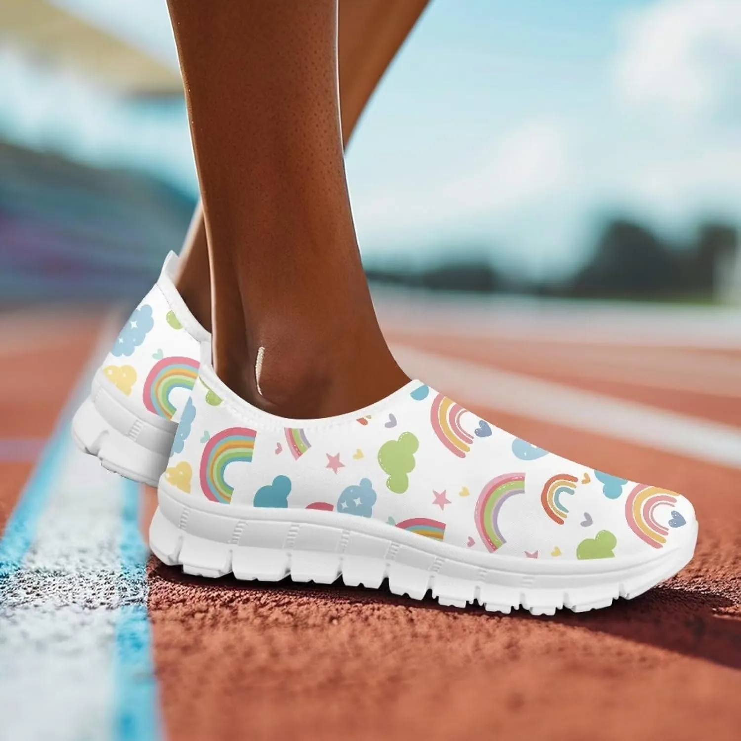 Women's Rainbow Print Shoes Slip On Casual Walking Sneakers Non Slip Comfortable Low Top Ourdoor Sports Flat Shoes