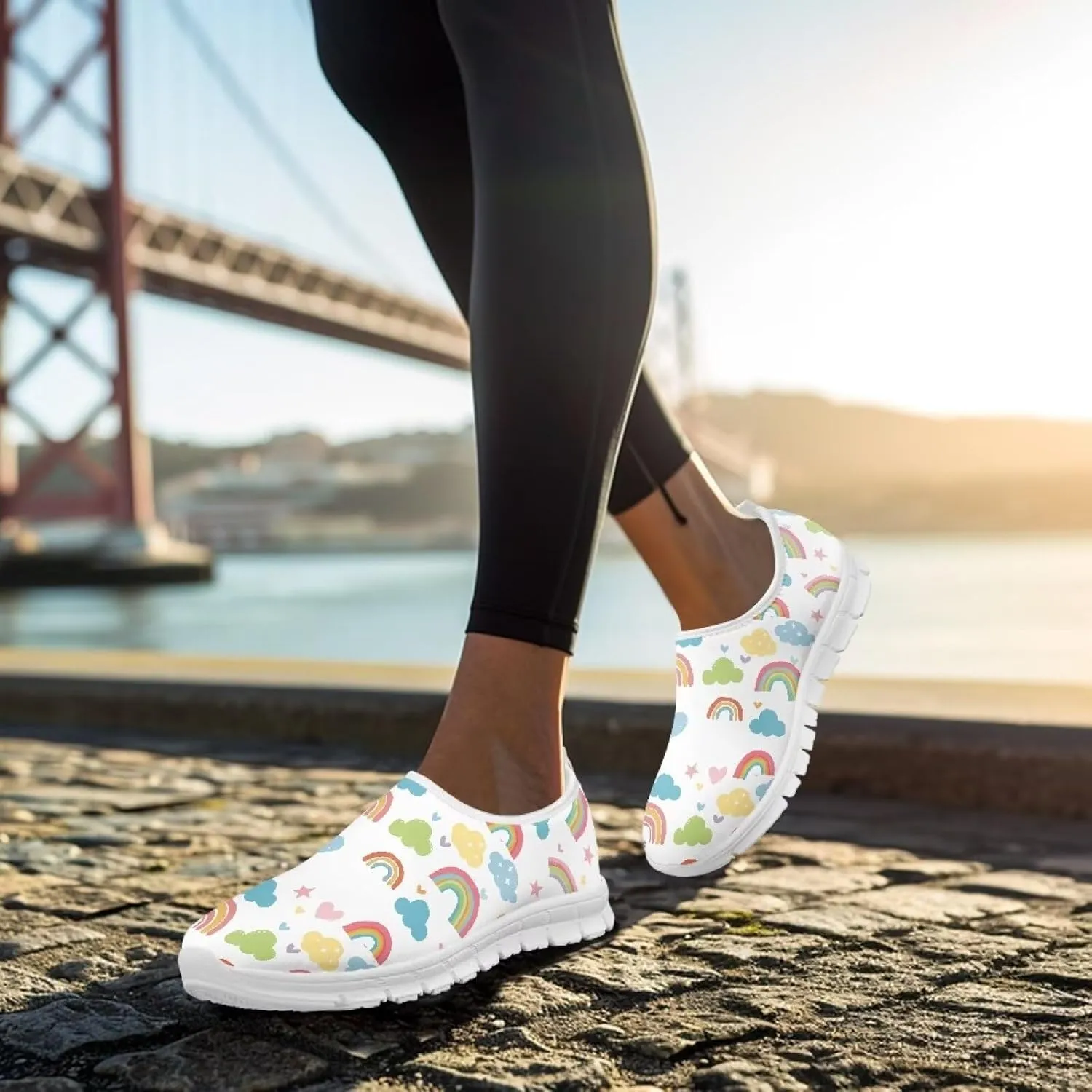Women's Rainbow Print Shoes Slip On Casual Walking Sneakers Non Slip Comfortable Low Top Ourdoor Sports Flat Shoes