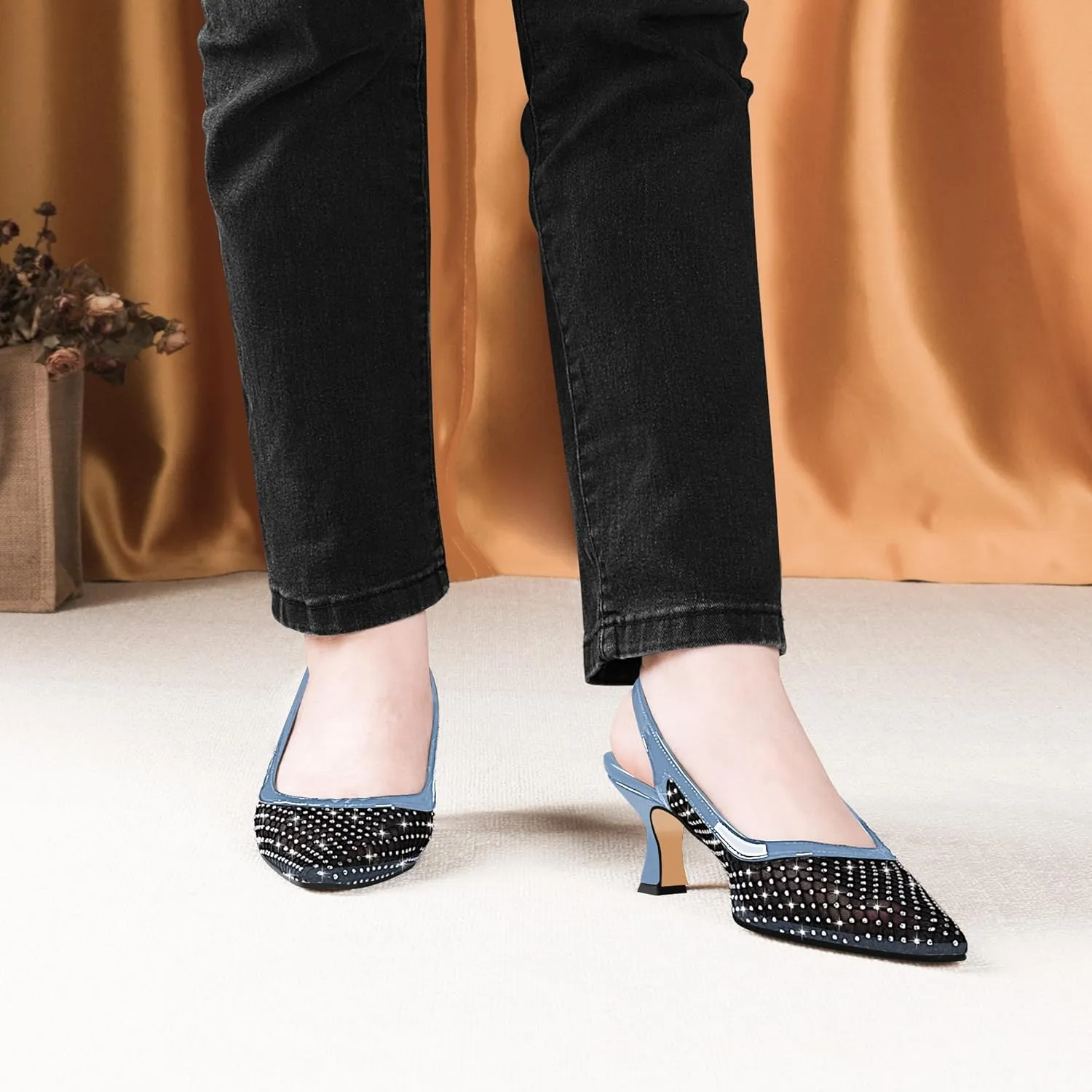Women's Rhinestone Mesh Kitten Low Heels Slingback Pumps Closed Toe Dress Shoes