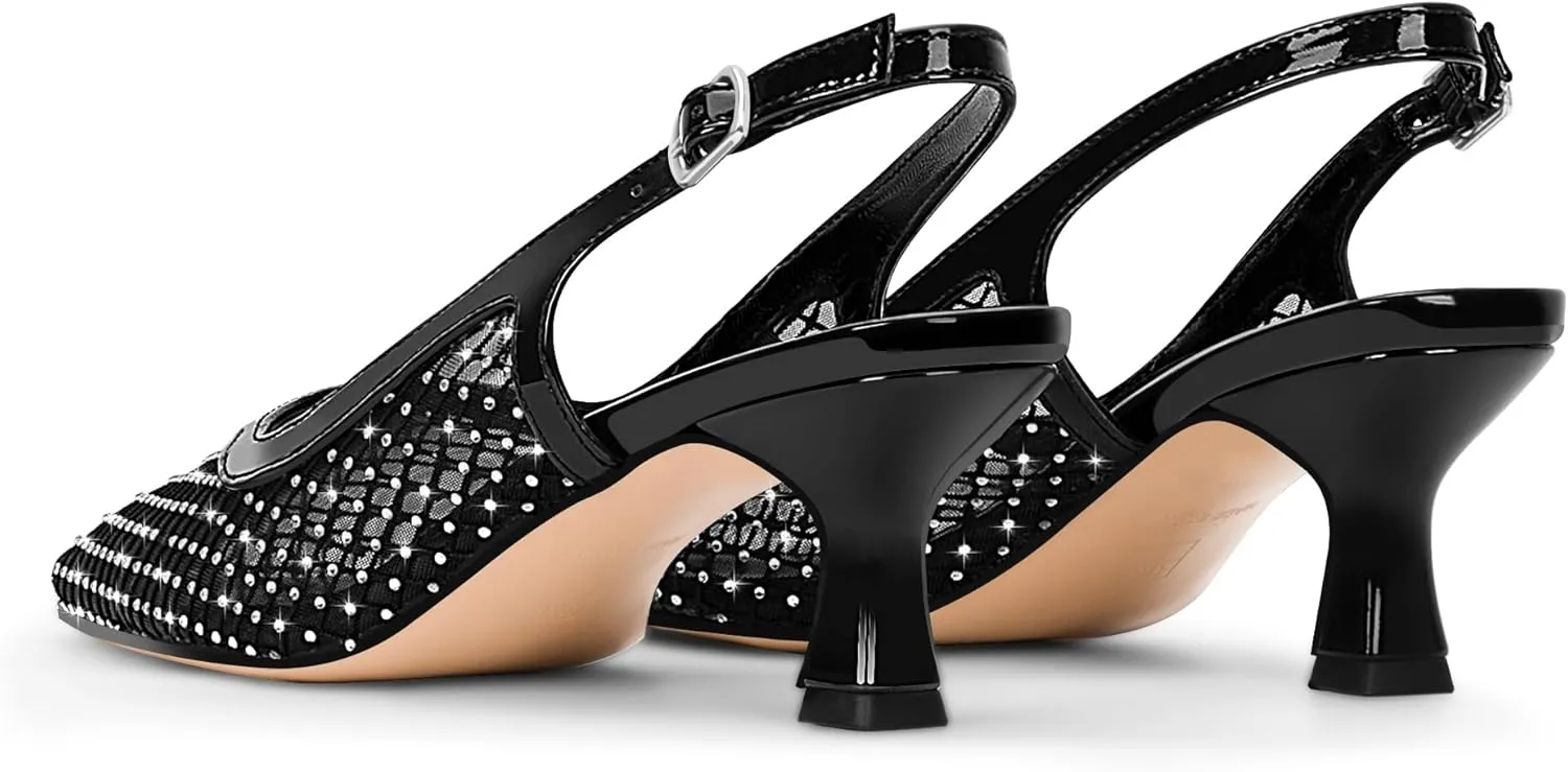 Women's Rhinestone Mesh Kitten Low Heels Slingback Pumps Closed Toe Dress Shoes