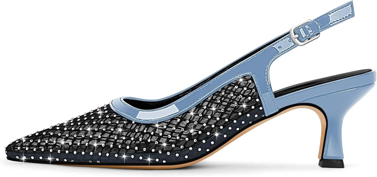 Women's Rhinestone Mesh Kitten Low Heels Slingback Pumps Closed Toe Dress Shoes