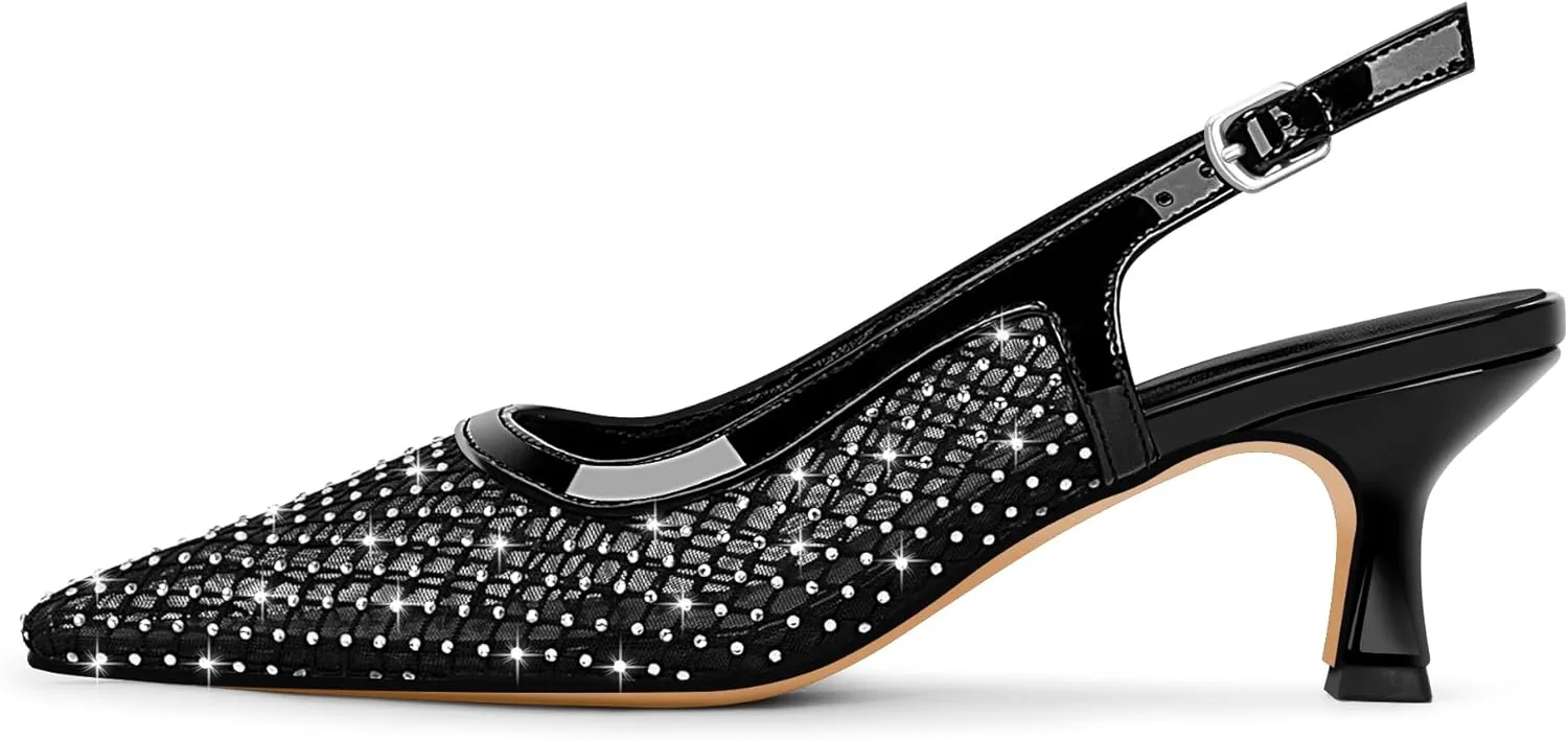 Women's Rhinestone Mesh Kitten Low Heels Slingback Pumps Closed Toe Dress Shoes