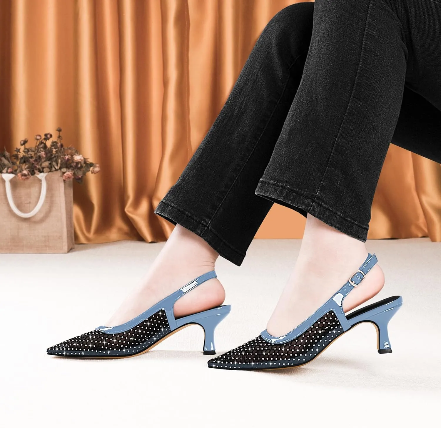 Women's Rhinestone Mesh Kitten Low Heels Slingback Pumps Closed Toe Dress Shoes