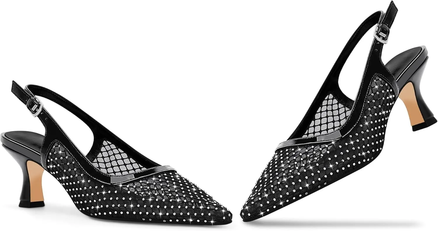 Women's Rhinestone Mesh Kitten Low Heels Slingback Pumps Closed Toe Dress Shoes