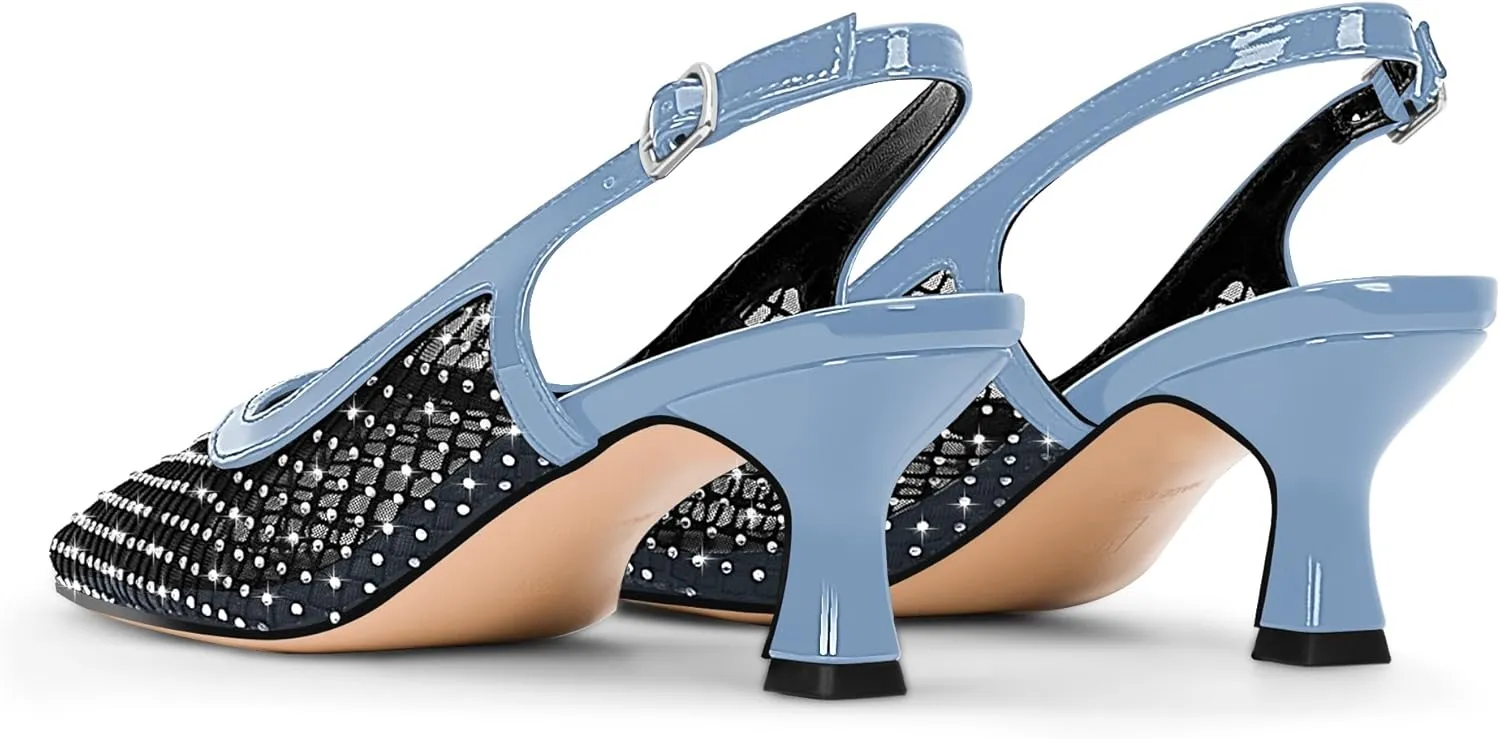 Women's Rhinestone Mesh Kitten Low Heels Slingback Pumps Closed Toe Dress Shoes