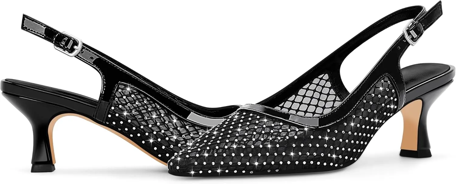 Women's Rhinestone Mesh Kitten Low Heels Slingback Pumps Closed Toe Dress Shoes