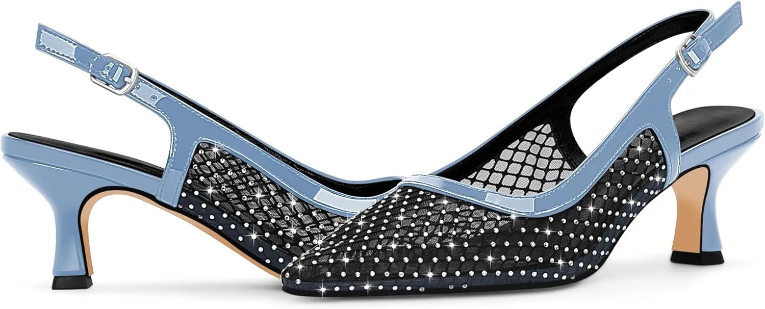 Women's Rhinestone Mesh Kitten Low Heels Slingback Pumps Closed Toe Dress Shoes