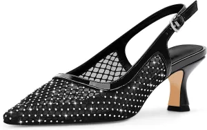 Women's Rhinestone Mesh Kitten Low Heels Slingback Pumps Closed Toe Dress Shoes
