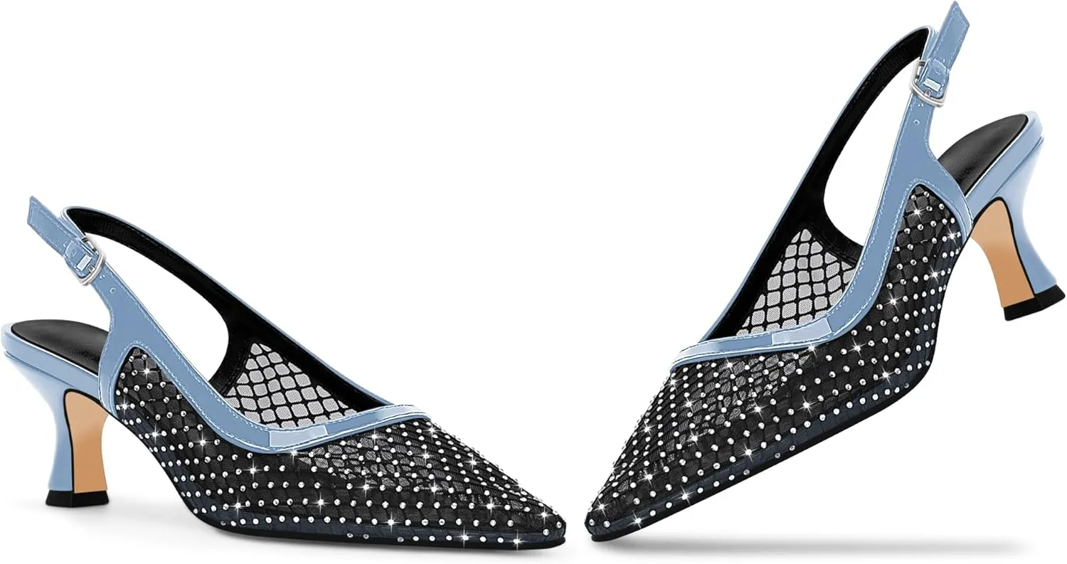 Women's Rhinestone Mesh Kitten Low Heels Slingback Pumps Closed Toe Dress Shoes