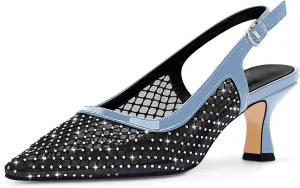 Women's Rhinestone Mesh Kitten Low Heels Slingback Pumps Closed Toe Dress Shoes