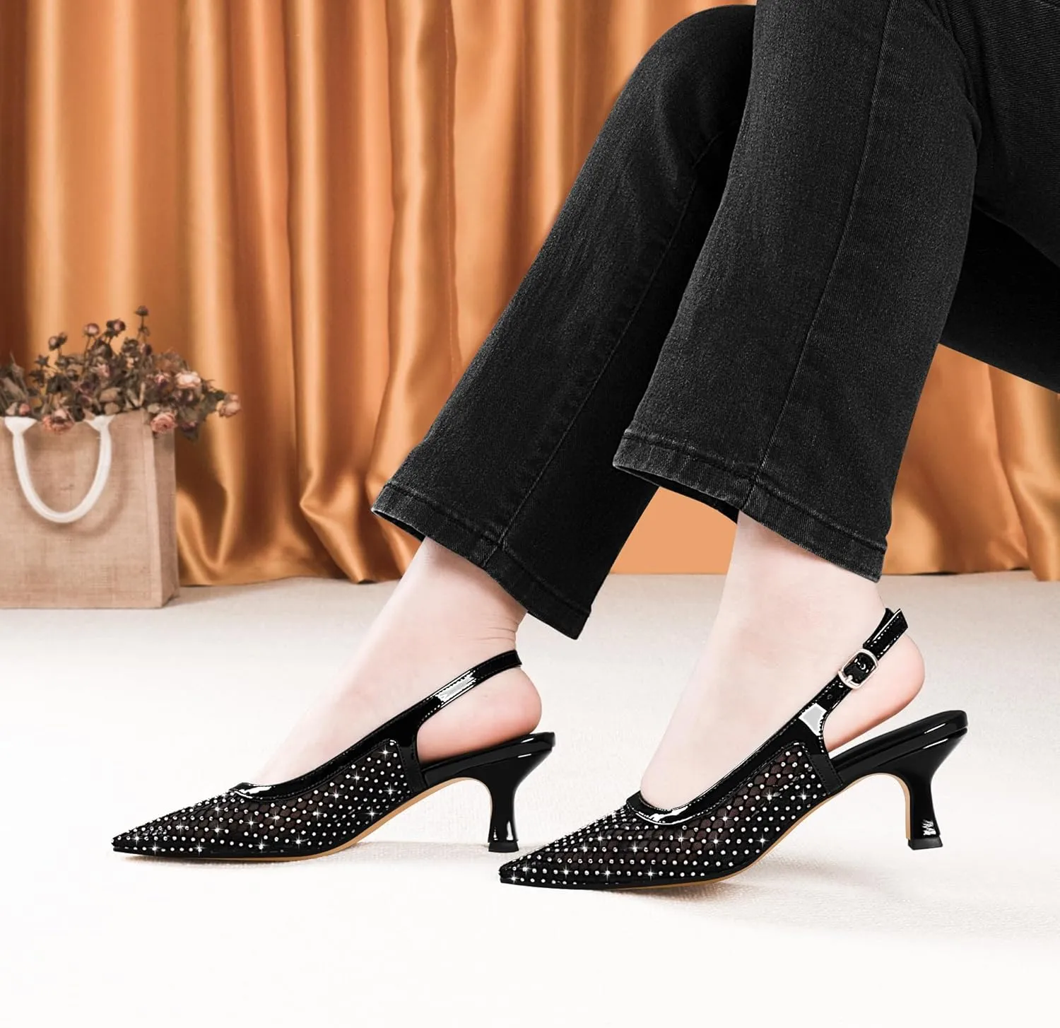 Women's Rhinestone Mesh Kitten Low Heels Slingback Pumps Closed Toe Dress Shoes