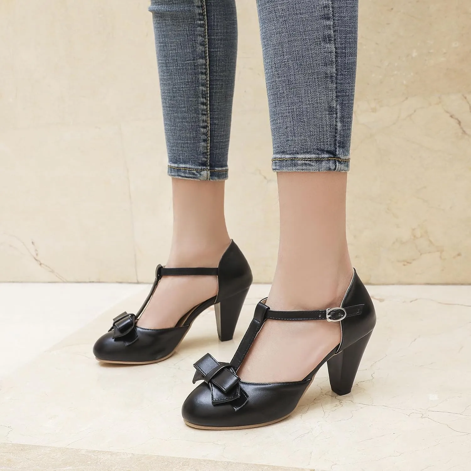 Womens Rockabilly Shoes T-Strap Mary Janes Block High Heels Closed Toe Pumps Cutout