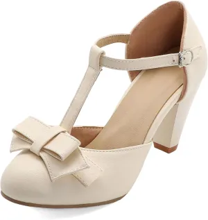 Womens Rockabilly Shoes T-Strap Mary Janes Block High Heels Closed Toe Pumps Cutout