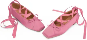 Women's Satin Ballet Flats Light Pink Closed Square Toe Bow Ballerina Slippers Comfy Lace Up Flat Shoes Strappy Mary Janes Cute Elegant Pumps for Ladies Dressy