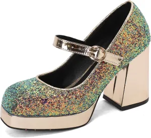 Womens Sequined Cloth Platform Heels Mary Jane Block Heels Ankle Strap Square Toe Glitter Pumps