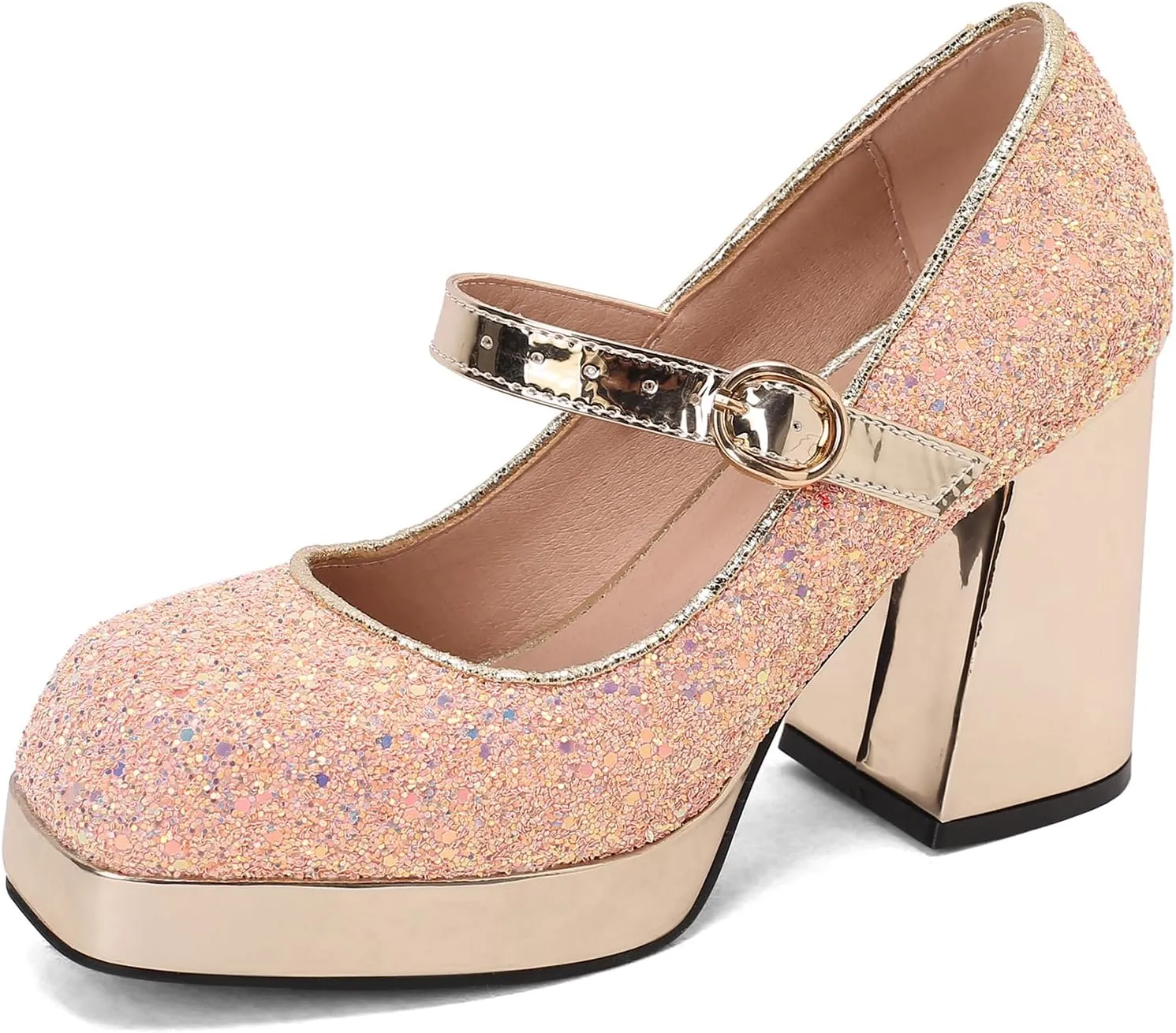 Womens Sequined Cloth Platform Heels Mary Jane Block Heels Ankle Strap Square Toe Glitter Pumps