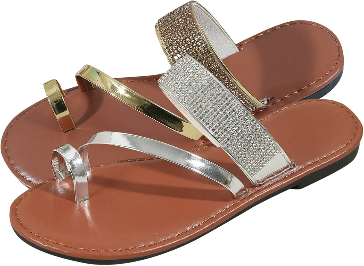 Women's Slide Sandals Women Slippers Summer New Pattern Rhinestone Decoration Shiny And Fashionable Set Toe Flat Bottom