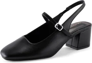 Women's Slingback Heels Low Chunky Heel Buckle Strap Pumps Square Toe Wedding Dress Shoes
