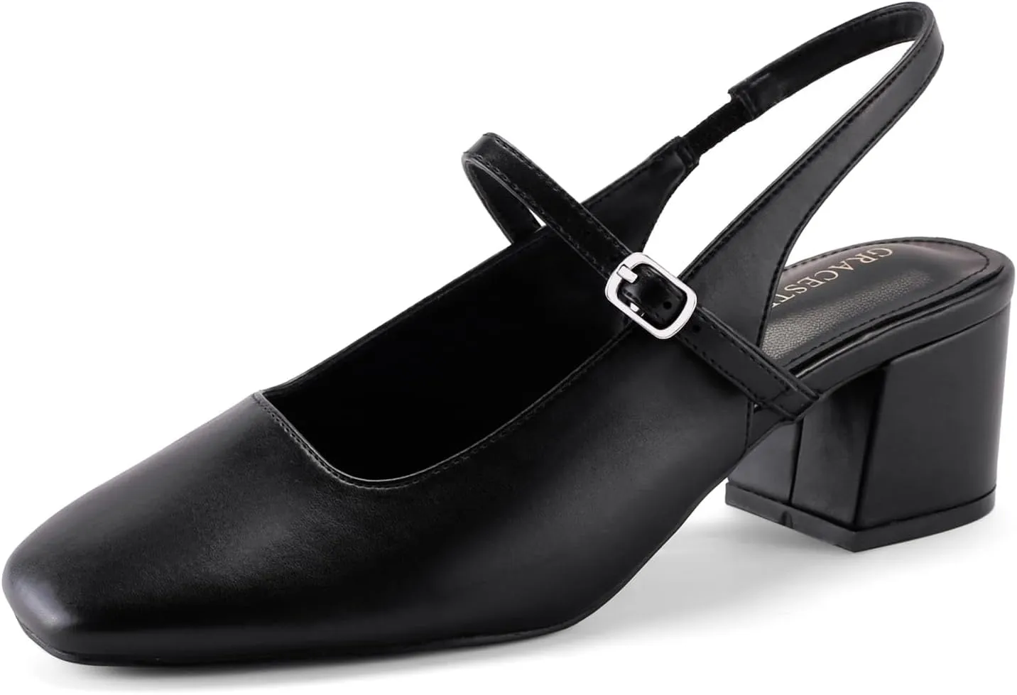 Women's Slingback Heels Low Chunky Heel Buckle Strap Pumps Square Toe Wedding Dress Shoes