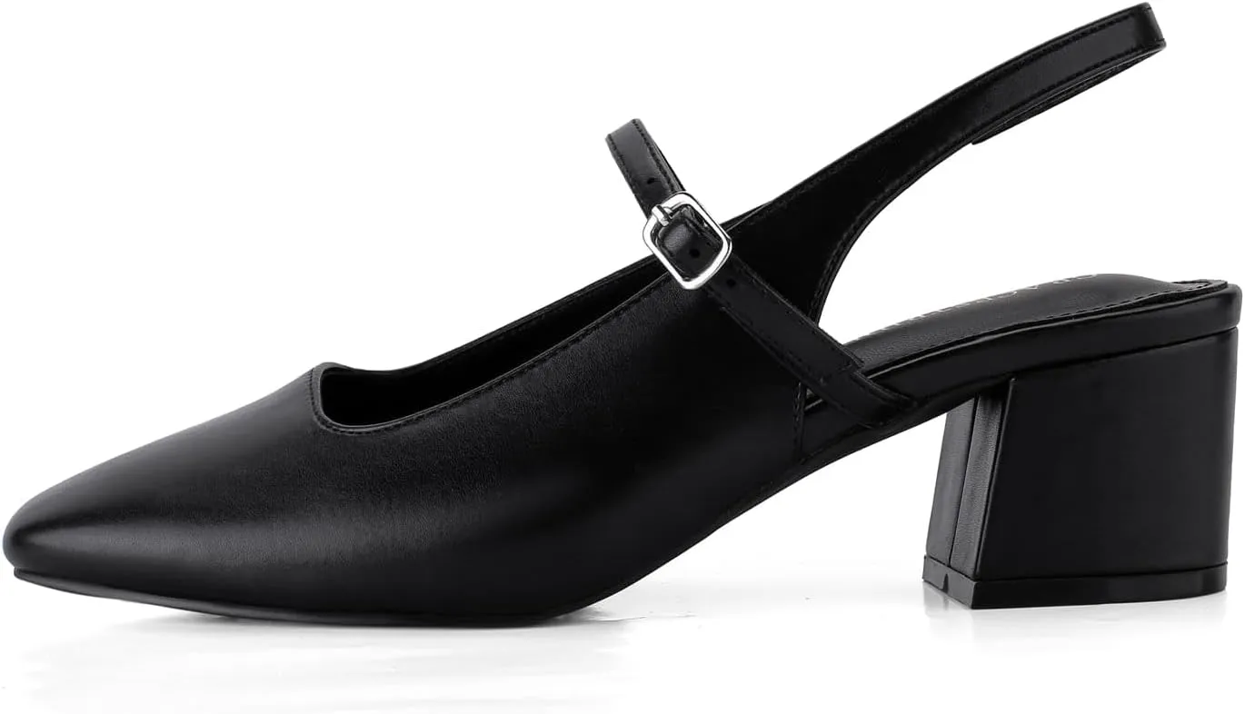 Women's Slingback Heels Low Chunky Heel Buckle Strap Pumps Square Toe Wedding Dress Shoes