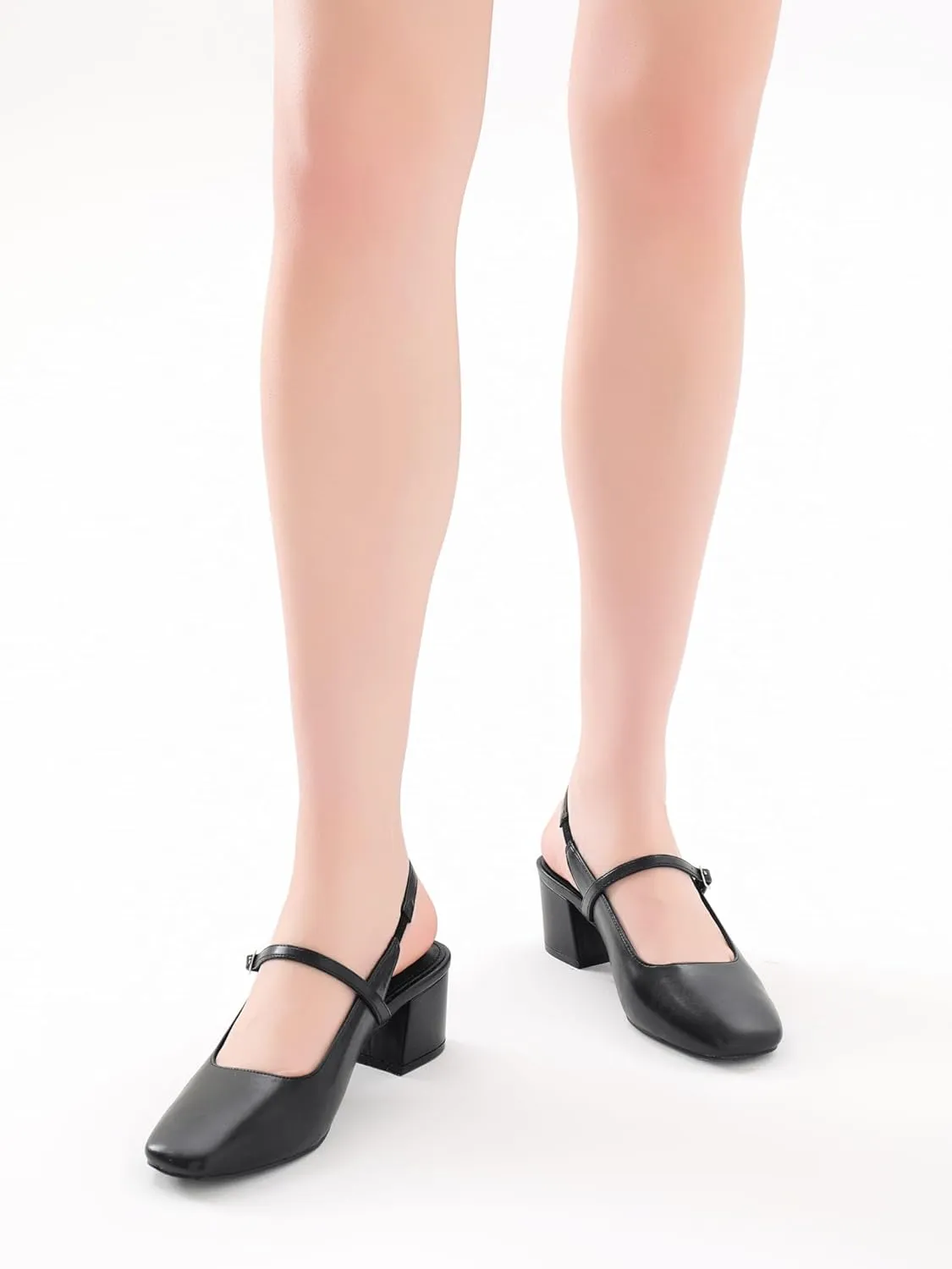 Women's Slingback Heels Low Chunky Heel Buckle Strap Pumps Square Toe Wedding Dress Shoes