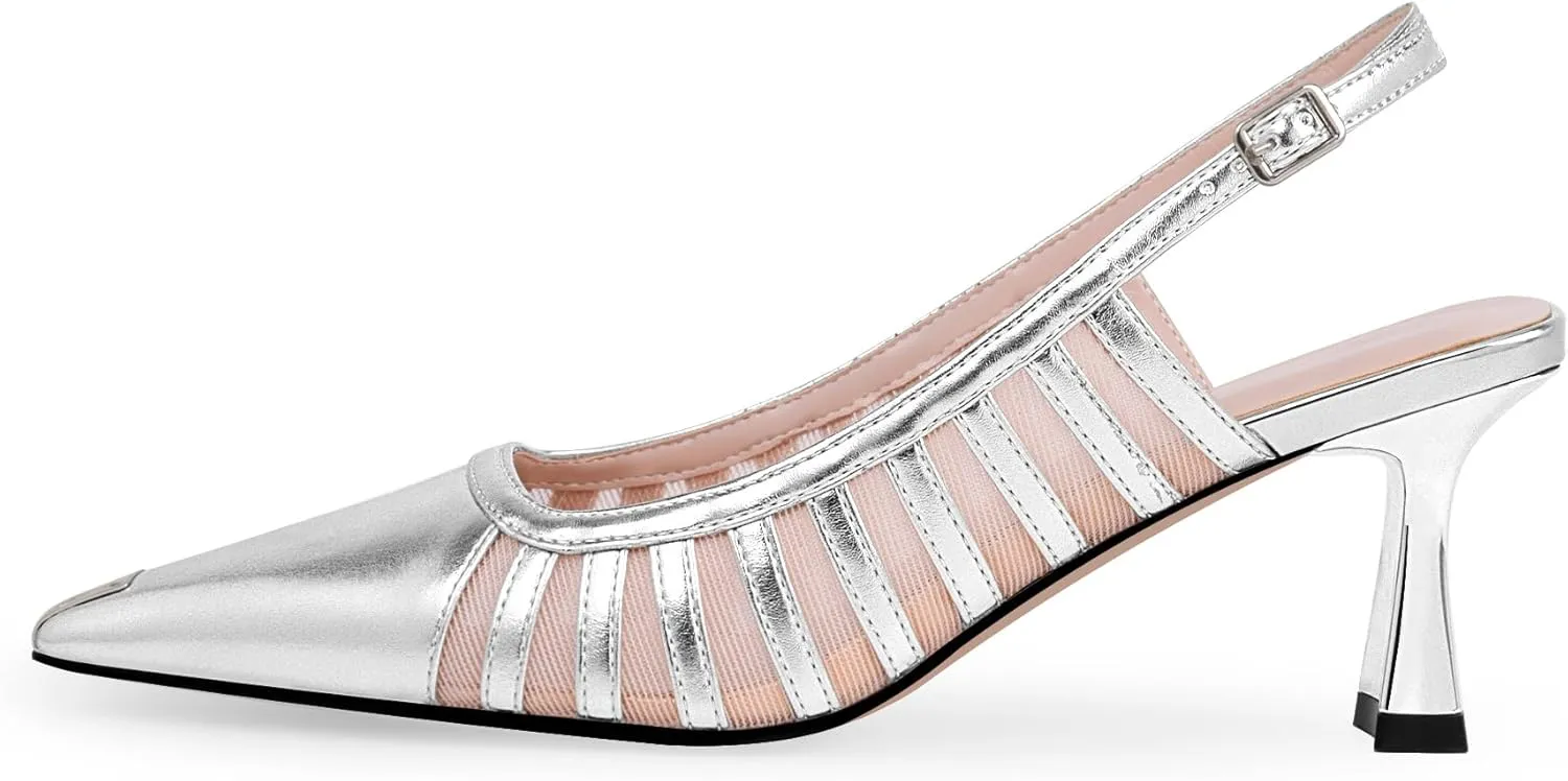 Women's Slingbacks Kitten Heel Closed Toe Pumps Air Mesh Dress Shoes