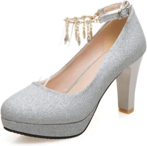Women's Sparkly Wedding Dress Shoes Fringe Ankle Strap Round Toe High Heel Platform Bridal Party Pumps