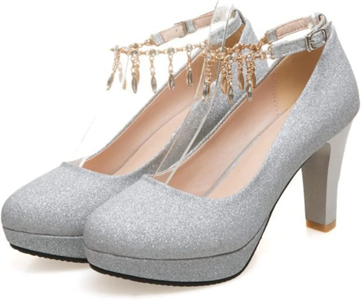 Women's Sparkly Wedding Dress Shoes Fringe Ankle Strap Round Toe High Heel Platform Bridal Party Pumps
