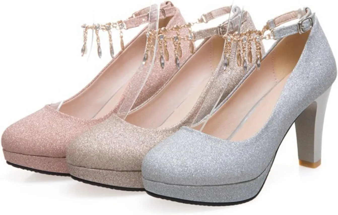 Women's Sparkly Wedding Dress Shoes Fringe Ankle Strap Round Toe High Heel Platform Bridal Party Pumps