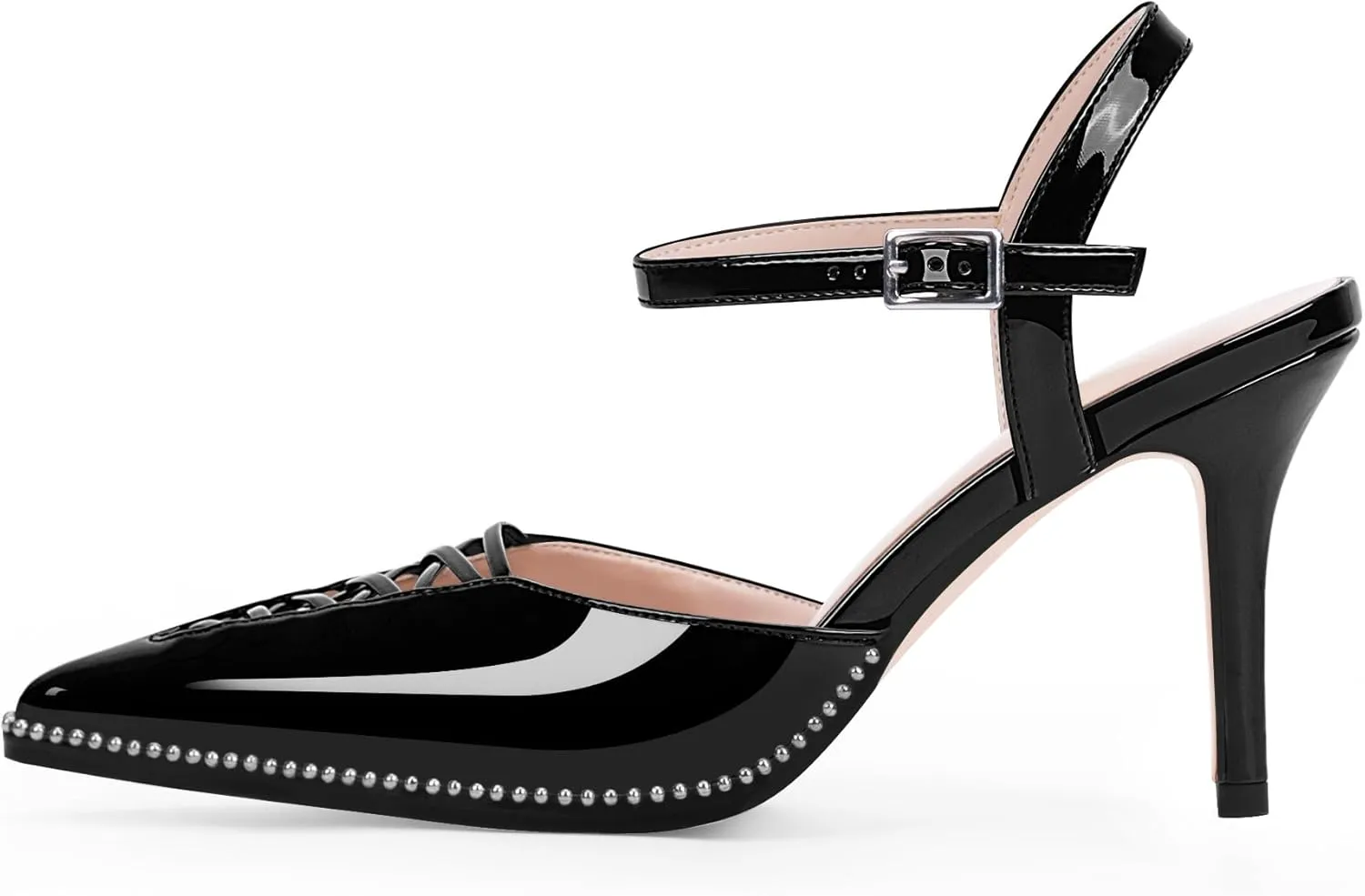 Women's Stilettos High Heel Ankle Strap Pumps Hollow Out Pointed Toe Bead Dress Shoes