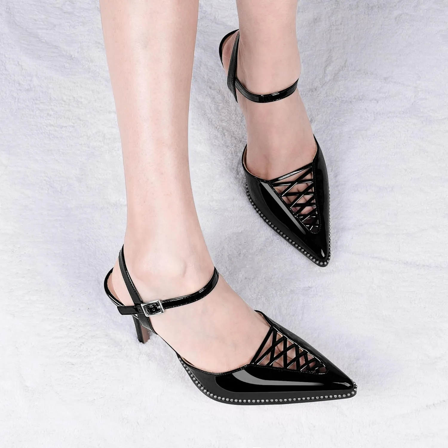 Women's Stilettos High Heel Ankle Strap Pumps Hollow Out Pointed Toe Bead Dress Shoes