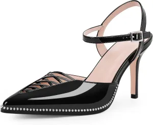 Women's Stilettos High Heel Ankle Strap Pumps Hollow Out Pointed Toe Bead Dress Shoes