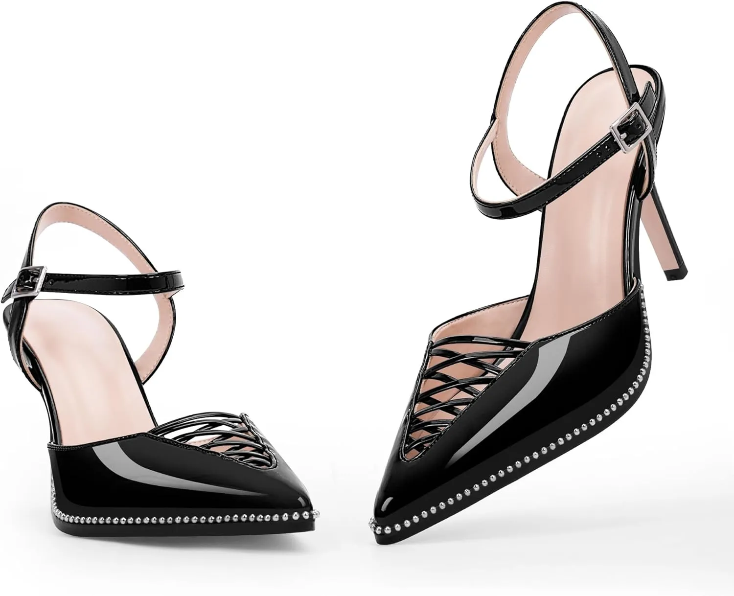 Women's Stilettos High Heel Ankle Strap Pumps Hollow Out Pointed Toe Bead Dress Shoes